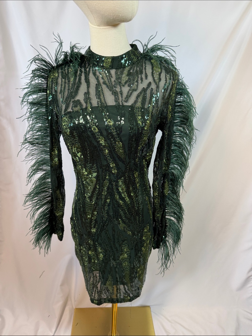 AKIRA Emerald Green Sequin Feather-Trim Mini Dress